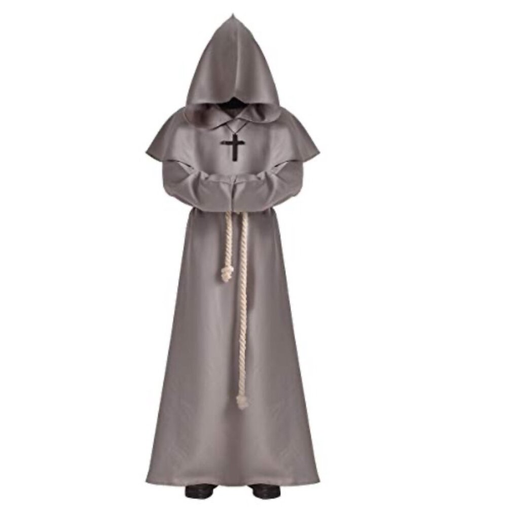 Brown Monk Robe Costume With Hood & White Rope Belt - Adult Size One Size Fits A
